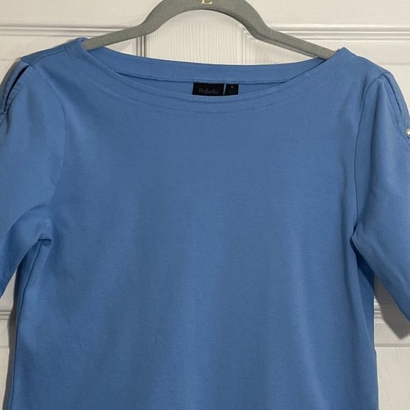 Rafaella Women's Cornflower Blue Boatneck Pearl Closure Short Sleeves Top M - Picture 2 of 5